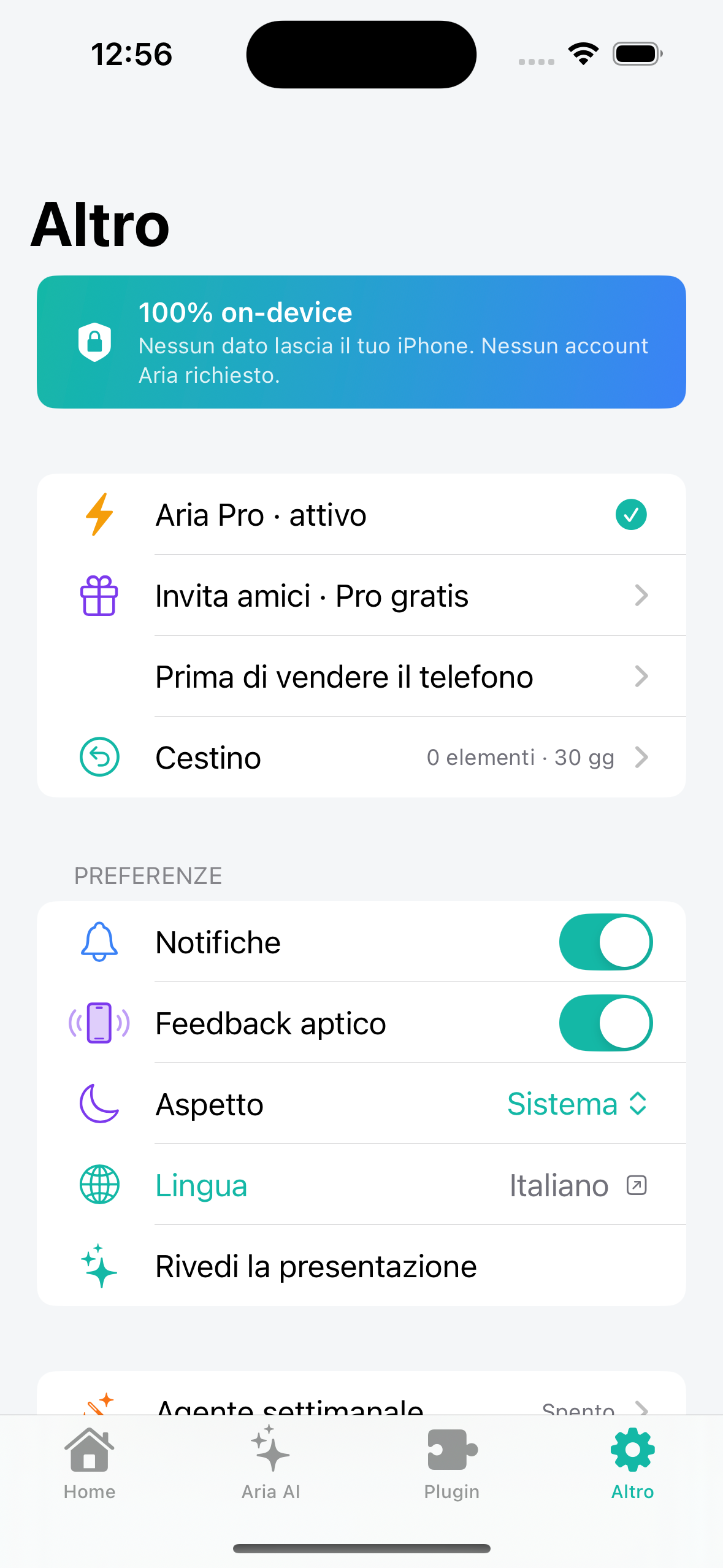 Privacy di Aria: 100% on-device, nessun account richiesto
