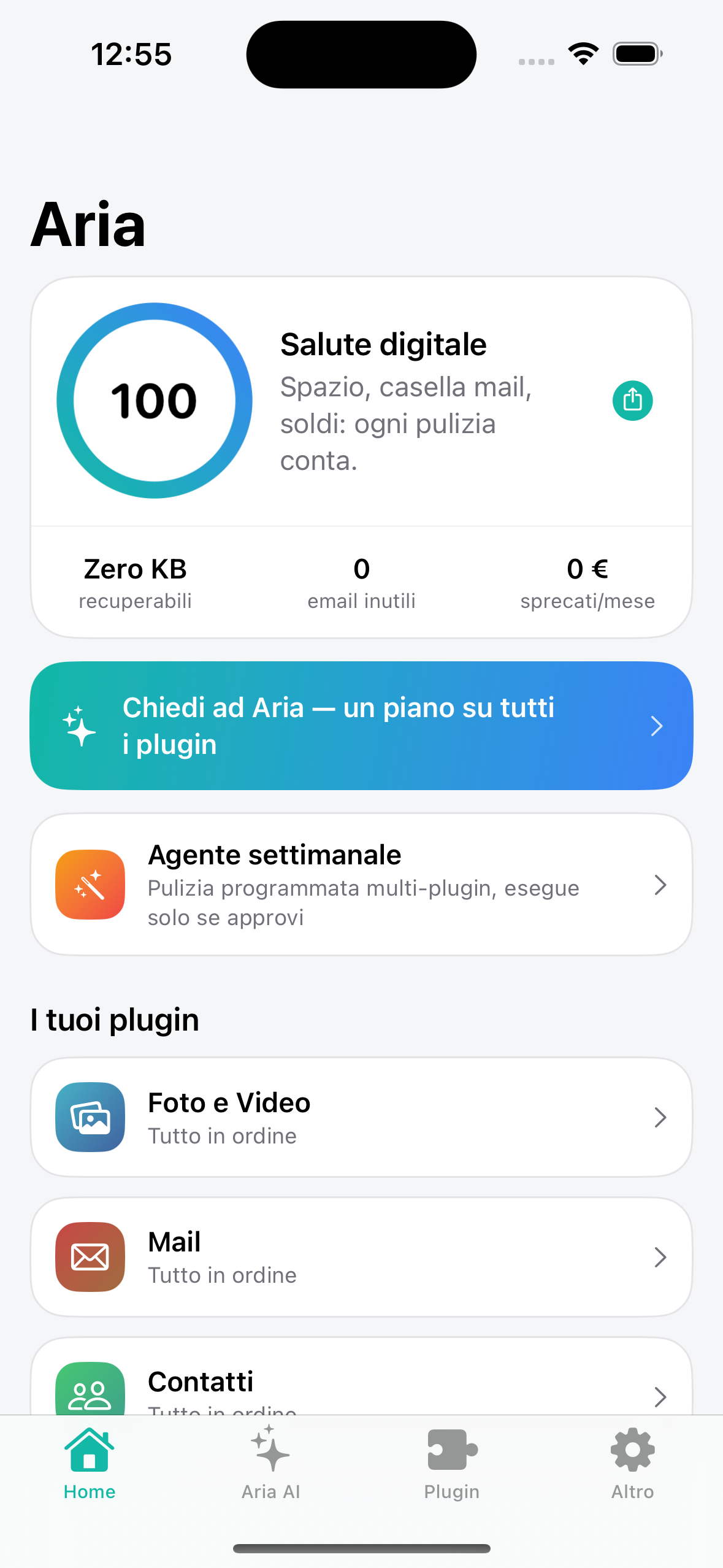 Schermata Home dell'app Aria: salute digitale, spazio, mail e impatto CO₂